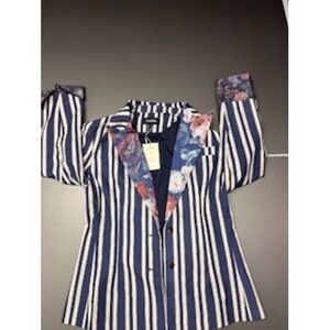 Futario Blue White Striped Floral Lapel Blazer Jacket Large NWT